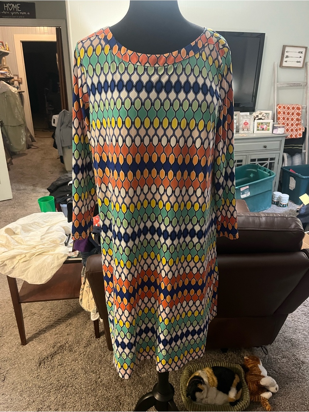 Geometric Multicolor Long-Sleeve Shift Dress